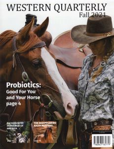 A human and their horse stand next to one another on as the background to Western Quarterly.