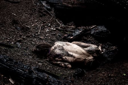 photograph of someone in the fetal position in a wildfire burn scar, covered in mud and ash.