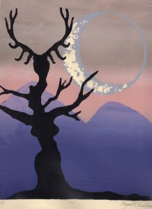 silhouette of a tree in front of mountains and a giant cresent moon. Tree appears to have antlers and breasts.