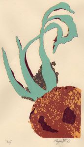 a multi-layered abstract screen print of a rose hip.